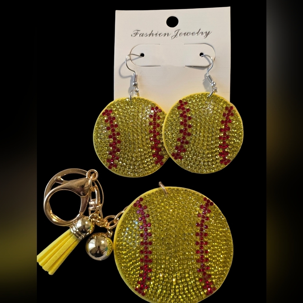 Softball Rhinestone Earrings & Keychain Set – Sparkly Bag Charm + Jewelry